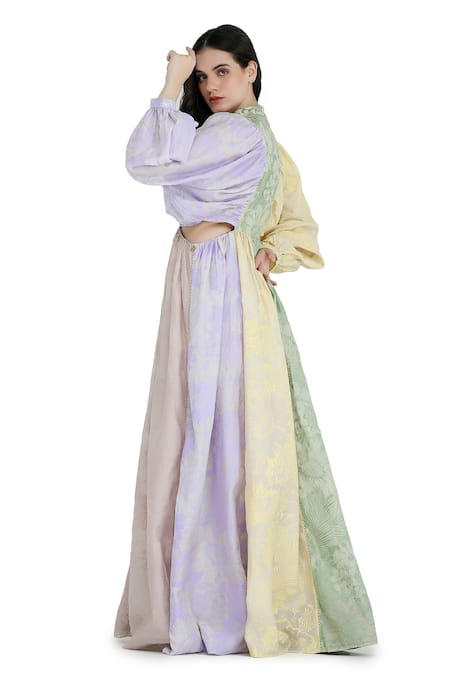 Shop Shruti Sancheti Multi Color Silk, Linen Embroidery, Beads Split Blocked Floral Print Maxi Dress at Aza Fashions Shop_Shruti Sancheti_Multi Color Silk, Linen Embroidery, Beads Split Blocked Floral Print Maxi Dress _at_Aza_Fashions