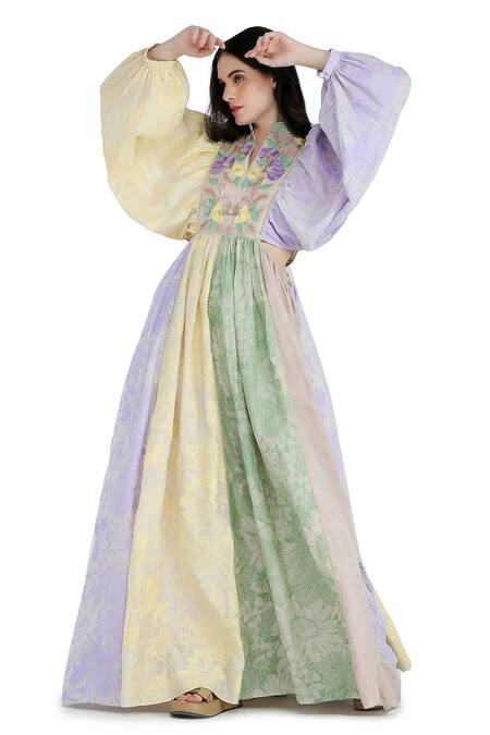 Shruti Sancheti Multi Color Silk, Linen Embroidery, Beads Split Blocked Floral Print Maxi Dress Online at Aza Fashions Shruti Sancheti_Multi Color Silk, Linen Embroidery, Beads Split Blocked Floral Print Maxi Dress _Online_at_Aza_Fashions