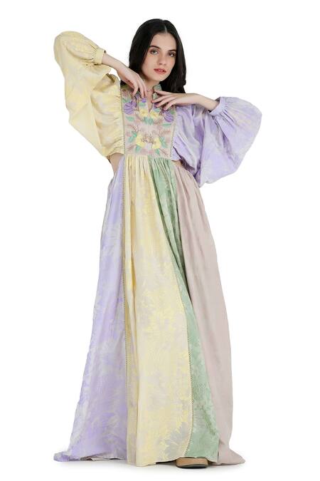 Buy Shruti Sancheti Multi Color Silk, Linen Embroidery, Beads Split Blocked Floral Print Maxi Dress Online at Aza Fashions Buy_Shruti Sancheti_Multi Color Silk, Linen Embroidery, Beads Split Blocked Floral Print Maxi Dress _Online_at_Aza_Fashions