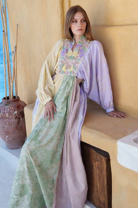 Shop Shruti Sancheti Multi Color Silk, Linen Embroidery, Beads Split Blocked Floral Print Maxi Dress Online at Aza Fashions Shop_Shruti Sancheti_Multi Color Silk, Linen Embroidery, Beads Split Blocked Floral Print Maxi Dress _Online_at_Aza_Fashions
