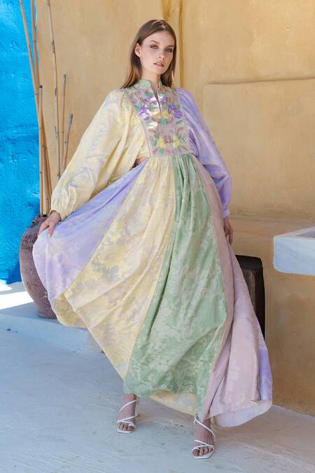 Shruti Sancheti Multi Color Silk, Linen Embroidery, Beads Split Blocked Floral Print Maxi Dress at Aza Fashions Shruti Sancheti_Multi Color Silk, Linen Embroidery, Beads Split Blocked Floral Print Maxi Dress _at_Aza_Fashions