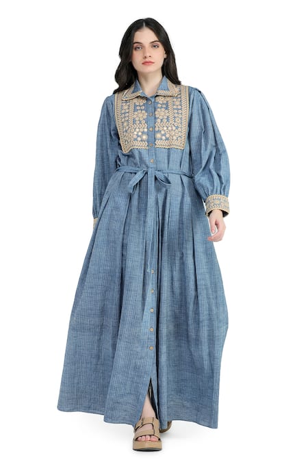 Shruti Sancheti Blue Handloom Cotton Mirrors, Embroidery Collared Striped And Resham Work Dress Online at Aza Fashions Shruti Sancheti_Blue Handloom Cotton Mirrors, Embroidery Collared Striped And Resham Work Dress _Online_at_Aza_Fashions
