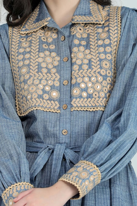 Buy Shruti Sancheti Blue Handloom Cotton Mirrors, Embroidery Collared Striped And Resham Work Dress Online at Aza Fashions Buy_Shruti Sancheti_Blue Handloom Cotton Mirrors, Embroidery Collared Striped And Resham Work Dress _Online_at_Aza_Fashions