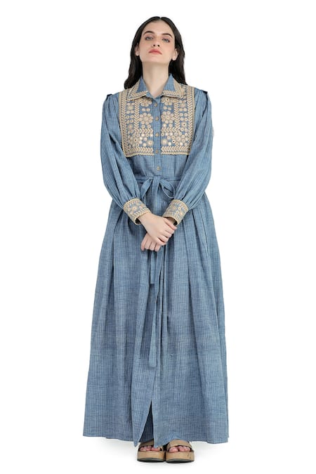 Shop Shruti Sancheti Blue Handloom Cotton Mirrors, Embroidery Collared Striped And Resham Work Dress Online at Aza Fashions Shop_Shruti Sancheti_Blue Handloom Cotton Mirrors, Embroidery Collared Striped And Resham Work Dress _Online_at_Aza_Fashions