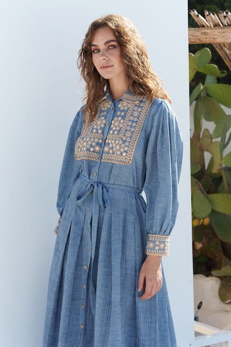 Shruti Sancheti Blue Handloom Cotton Mirrors, Embroidery Collared Striped And Resham Work Dress at Aza Fashions Shruti Sancheti_Blue Handloom Cotton Mirrors, Embroidery Collared Striped And Resham Work Dress _at_Aza_Fashions