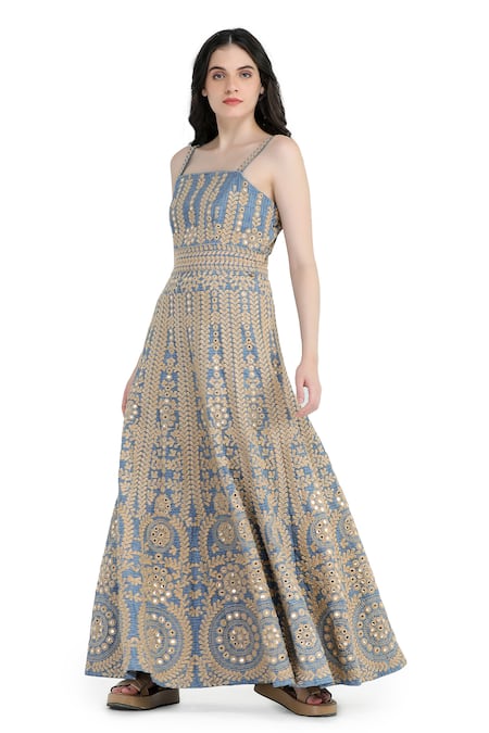 Shruti Sancheti Blue Handloom Cotton Mirrors, Embroidery Square Neck Striped Maxi Dress Online at Aza Fashions Shruti Sancheti_Blue Handloom Cotton Mirrors, Embroidery Square Neck Striped Maxi Dress _Online_at_Aza_Fashions