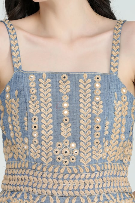 Buy Shruti Sancheti Blue Handloom Cotton Mirrors, Embroidery Square Neck Striped Maxi Dress Online at Aza Fashions Buy_Shruti Sancheti_Blue Handloom Cotton Mirrors, Embroidery Square Neck Striped Maxi Dress _Online_at_Aza_Fashions