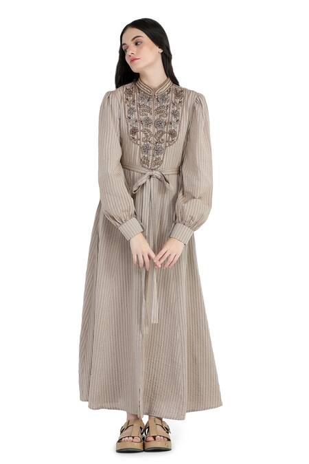 Shruti Sancheti Brown Handloom Cotton Embroidered Bead And Cordwork Shirt Maxi Dress   4