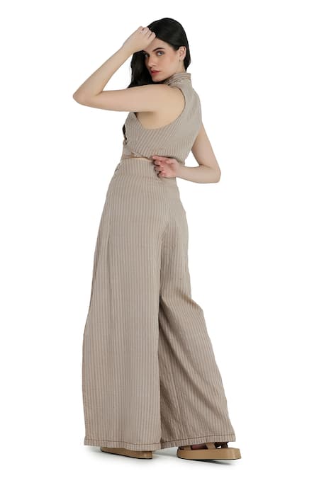 Shop Shruti Sancheti Brown Handloom Cotton Embroidery, Beads Collared Cord And Blazer Pant Set at Aza Fashions Shop_Shruti Sancheti_Brown Handloom Cotton Embroidery, Beads Collared Cord And Blazer Pant Set _at_Aza_Fashions