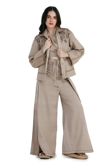 Shop Shruti Sancheti Brown Handloom Cotton Embroidery, Beads Collared Cord And Blazer Pant Set Online at Aza Fashions Shop_Shruti Sancheti_Brown Handloom Cotton Embroidery, Beads Collared Cord And Blazer Pant Set _Online_at_Aza_Fashions