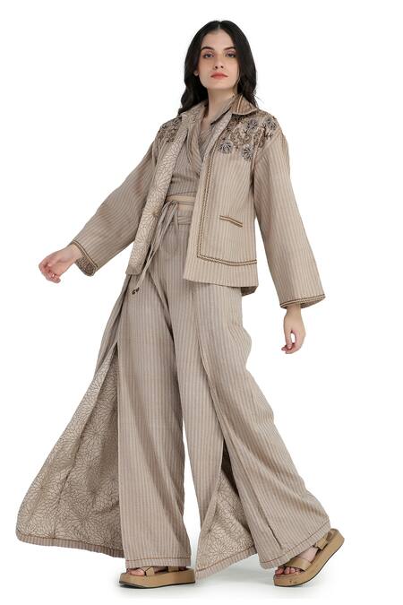 Shruti Sancheti Brown Handloom Cotton Embroidery, Beads Collared Cord And Blazer Pant Set at Aza Fashions Shruti Sancheti_Brown Handloom Cotton Embroidery, Beads Collared Cord And Blazer Pant Set _at_Aza_Fashions