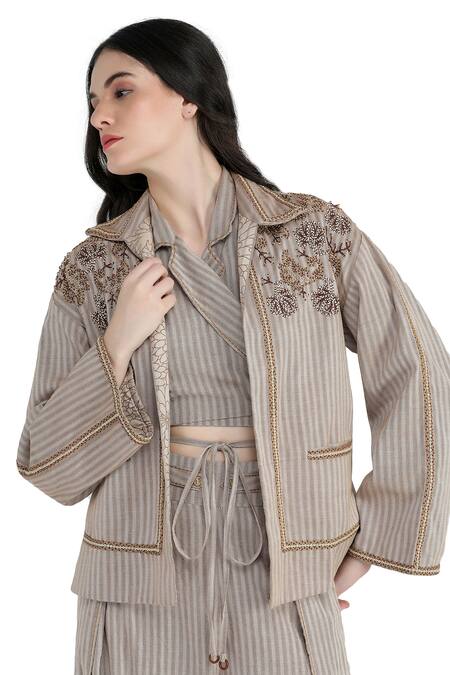 Buy Shruti Sancheti Brown Handloom Cotton Embroidery, Beads Collared Cord And Blazer Pant Set Buy_Shruti Sancheti_Brown Handloom Cotton Embroidery, Beads Collared Cord And Blazer Pant Set