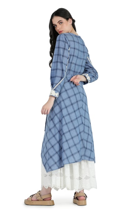 Shop Shruti Sancheti Blue Cotton Embroidery V-neck Asymmetrical Checkered Pattern Midi Dress at Aza Fashions Shop_Shruti Sancheti_Blue Cotton Embroidery V-neck Asymmetrical Checkered Pattern Midi Dress _at_Aza_Fashions