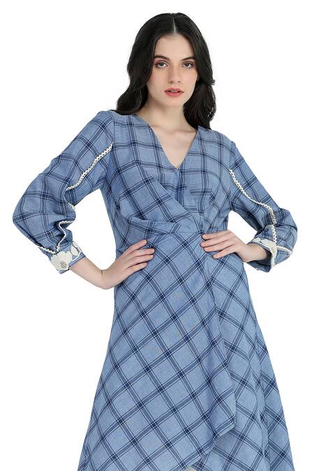 Shruti Sancheti Blue Cotton Embroidery V-neck Asymmetrical Checkered Pattern Midi Dress Online at Aza Fashions Shruti Sancheti_Blue Cotton Embroidery V-neck Asymmetrical Checkered Pattern Midi Dress _Online_at_Aza_Fashions