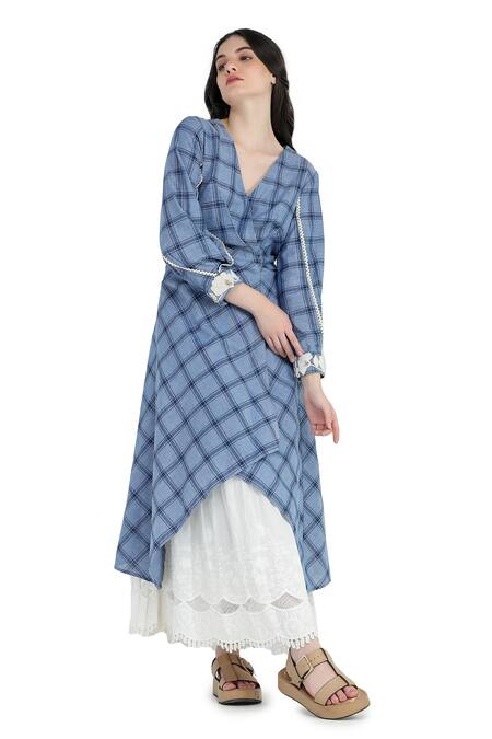 Buy Shruti Sancheti Blue Cotton Embroidery V-neck Asymmetrical Checkered Pattern Midi Dress Online at Aza Fashions Buy_Shruti Sancheti_Blue Cotton Embroidery V-neck Asymmetrical Checkered Pattern Midi Dress _Online_at_Aza_Fashions