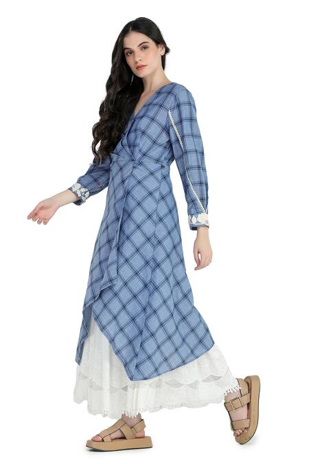Shruti Sancheti Blue Cotton Embroidery V-neck Asymmetrical Checkered Pattern Midi Dress at Aza Fashions Shruti Sancheti_Blue Cotton Embroidery V-neck Asymmetrical Checkered Pattern Midi Dress _at_Aza_Fashions