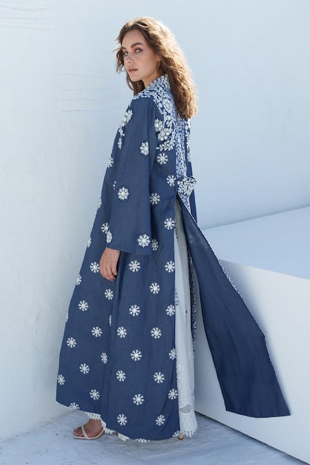 Shop Shruti Sancheti Blue Velour, Acrylic Embroidery, Mirrors Open Neck Chambray Work Jacket at Aza Fashions Shop_Shruti Sancheti_Blue Velour, Acrylic Embroidery, Mirrors Open Neck Chambray Work Jacket _at_Aza_Fashions