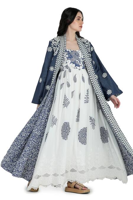 Shruti Sancheti Blue Velour, Acrylic Embroidery, Mirrors Open Neck Chambray Work Jacket Online at Aza Fashions Shruti Sancheti_Blue Velour, Acrylic Embroidery, Mirrors Open Neck Chambray Work Jacket _Online_at_Aza_Fashions