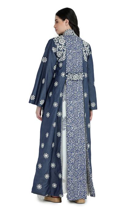 Shop Shruti Sancheti Blue Velour, Acrylic Embroidery, Mirrors Open Neck Chambray Work Jacket Online at Aza Fashions Shop_Shruti Sancheti_Blue Velour, Acrylic Embroidery, Mirrors Open Neck Chambray Work Jacket _Online_at_Aza_Fashions