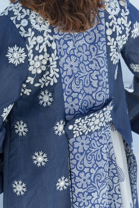 Shruti Sancheti Blue Velour, Acrylic Embroidery, Mirrors Open Neck Chambray Work Jacket at Aza Fashions Shruti Sancheti_Blue Velour, Acrylic Embroidery, Mirrors Open Neck Chambray Work Jacket _at_Aza_Fashions