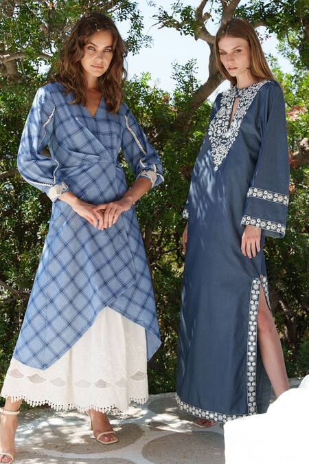 Shruti Sancheti Blue Cotton Mirrors Round Neck Embroidered Kaftan Online at Aza Fashions Shruti Sancheti_Blue Cotton Mirrors Round Neck Embroidered Kaftan _Online_at_Aza_Fashions