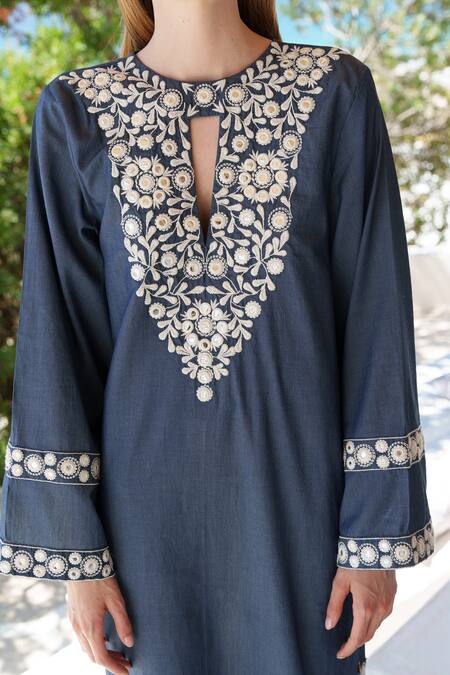 Buy Shruti Sancheti Blue Cotton Mirrors Round Neck Embroidered Kaftan Online at Aza Fashions Buy_Shruti Sancheti_Blue Cotton Mirrors Round Neck Embroidered Kaftan _Online_at_Aza_Fashions