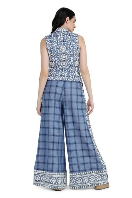 Shop_Shruti Sancheti_Blue Cotton Mirrors, Embroidery Work Flared Pant _at_Aza_Fashions