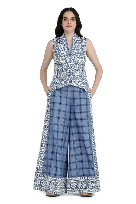 Shruti Sancheti_Blue Cotton Mirrors, Embroidery Work Flared Pant _Online_at_Aza_Fashions