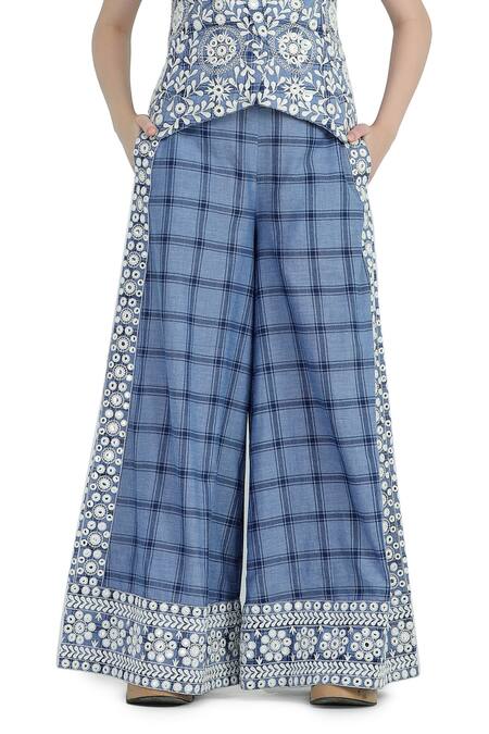 Buy_Shruti Sancheti_Blue Cotton Mirrors, Embroidery Work Flared Pant _Online_at_Aza_Fashions