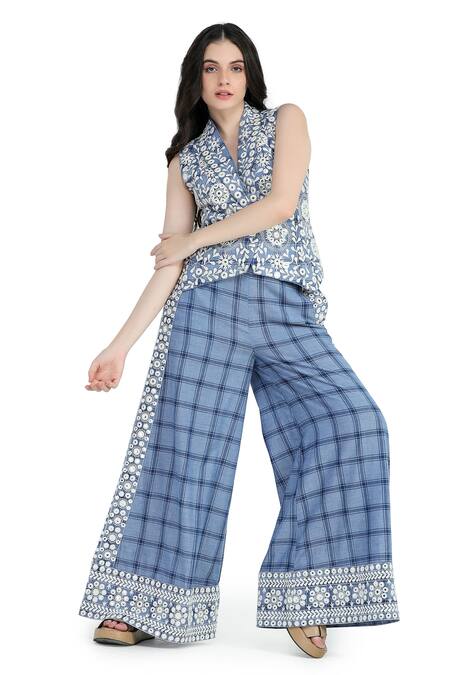 Shop_Shruti Sancheti_Blue Cotton Mirrors, Embroidery Work Flared Pant _Online_at_Aza_Fashions