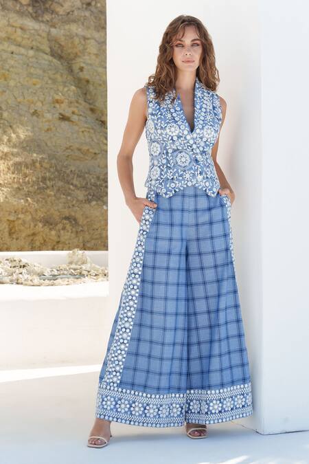 Shruti Sancheti_Blue Cotton Mirrors, Embroidery Work Flared Pant _at_Aza_Fashions