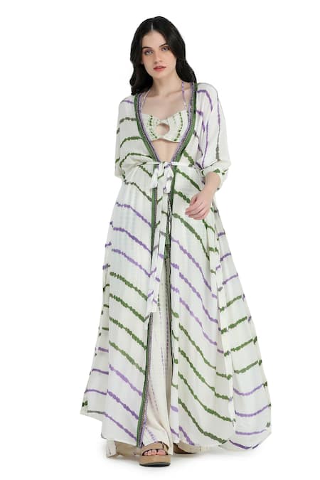 Shop Shruti Sancheti Multi Color Viscose, Crepe, Linen Sequins Open Tie-dye Pattern Kimono Pyjama Set Online at Aza Fashions Shop_Shruti Sancheti_Multi Color Viscose, Crepe, Linen Sequins Open Tie-dye Pattern Kimono Pyjama Set _Online_at_Aza_Fashions
