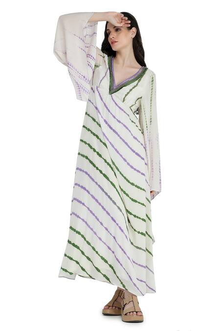 Shruti Sancheti_Multi Color Viscose, Crepe, Linen V-neck Tie-dye Pattern Kimono Kaftan_Online_at_Aza_Fashions