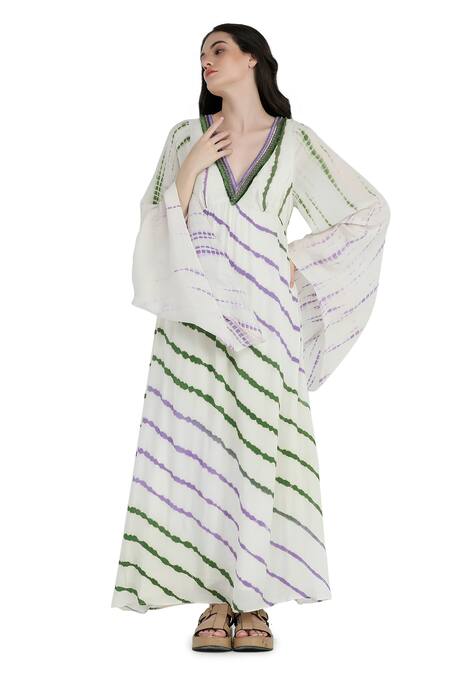 Shop_Shruti Sancheti_Multi Color Viscose, Crepe, Linen V-neck Tie-dye Pattern Kimono Kaftan_Online_at_Aza_Fashions