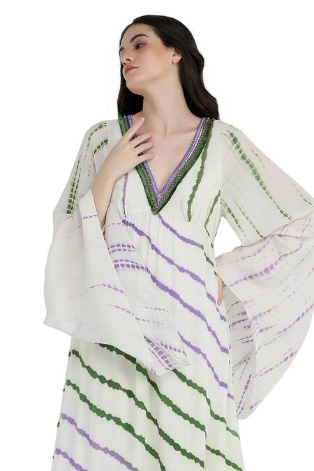 Shruti Sancheti_Multi Color Viscose, Crepe, Linen V-neck Tie-dye Pattern Kimono Kaftan_at_Aza_Fashions