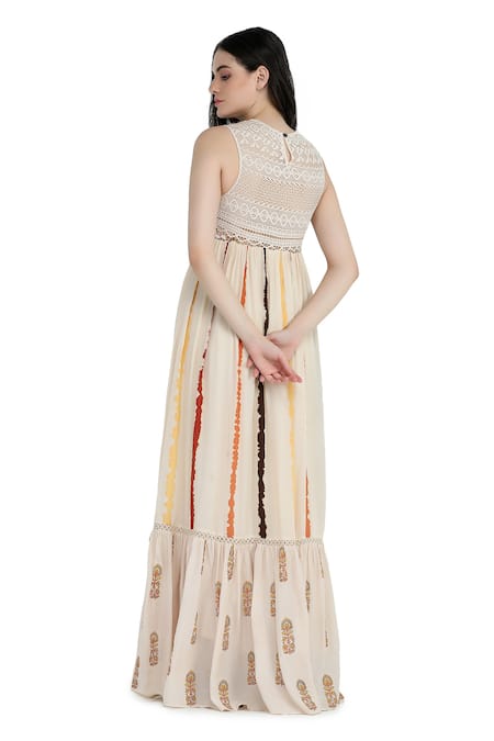 Shop_Shruti Sancheti_Multi Color Viscose, Crepe Beads Round Neck Tie-dye Print Embroidered Maxi Dress _at_Aza_Fashions