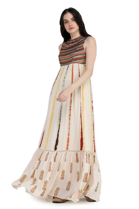 Shruti Sancheti_Multi Color Viscose, Crepe Beads Round Neck Tie-dye Print Embroidered Maxi Dress _Online_at_Aza_Fashions