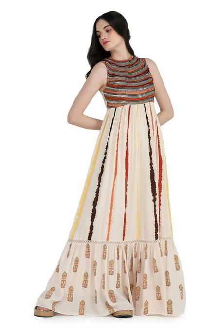 Buy_Shruti Sancheti_Multi Color Viscose, Crepe Beads Round Neck Tie-dye Print Embroidered Maxi Dress _Online_at_Aza_Fashions