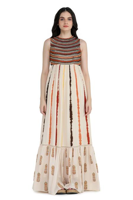 Shop_Shruti Sancheti_Multi Color Viscose, Crepe Beads Round Neck Tie-dye Print Embroidered Maxi Dress _Online_at_Aza_Fashions