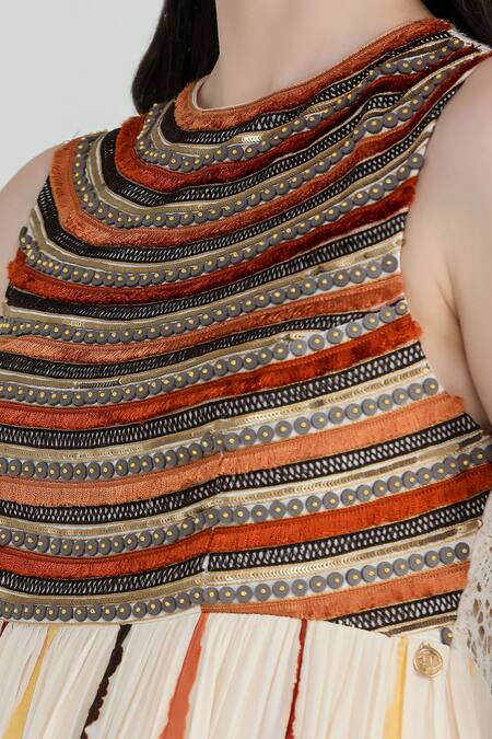 Shruti Sancheti_Multi Color Viscose, Crepe Beads Round Neck Tie-dye Print Embroidered Maxi Dress _at_Aza_Fashions