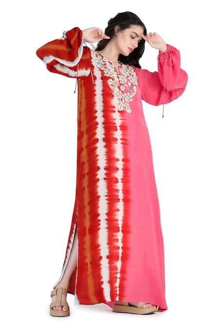 Shruti Sancheti Red Viscose, Crepe Beads Split V-neck Embroidered Kaftan Dress Online at Aza Fashions Shruti Sancheti_Red Viscose, Crepe Beads Split V-neck Embroidered Kaftan Dress _Online_at_Aza_Fashions