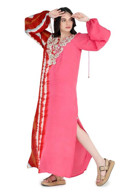 Buy Shruti Sancheti Red Viscose, Crepe Beads Split V-neck Embroidered Kaftan Dress Online at Aza Fashions Buy_Shruti Sancheti_Red Viscose, Crepe Beads Split V-neck Embroidered Kaftan Dress _Online_at_Aza_Fashions