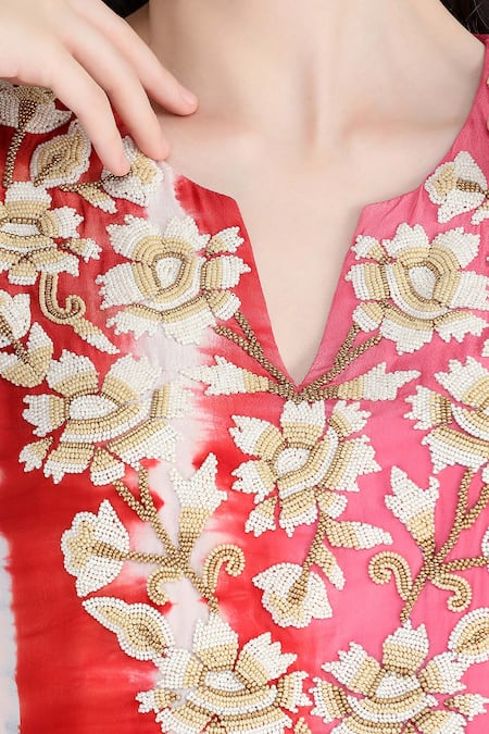 Shop Shruti Sancheti Red Viscose, Crepe Beads Split V-neck Embroidered Kaftan Dress Online at Aza Fashions Shop_Shruti Sancheti_Red Viscose, Crepe Beads Split V-neck Embroidered Kaftan Dress _Online_at_Aza_Fashions