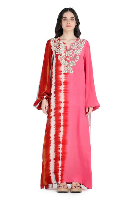 Shruti Sancheti Red Viscose, Crepe Beads Split V-neck Embroidered Kaftan Dress at Aza Fashions Shruti Sancheti_Red Viscose, Crepe Beads Split V-neck Embroidered Kaftan Dress _at_Aza_Fashions
