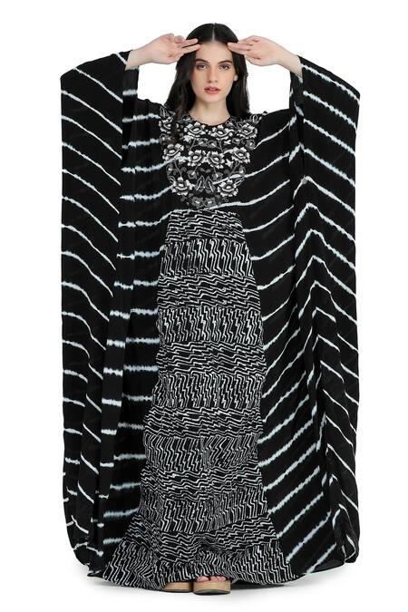 Shruti Sancheti Black Viscose Beads Split V-neck Tie-dye Embroidered Kaftan Online at Aza Fashions Shruti Sancheti_Black Viscose Beads Split V-neck Tie-dye Embroidered Kaftan _Online_at_Aza_Fashions
