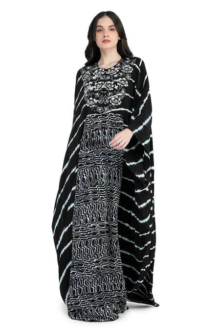 Shop Shruti Sancheti Black Viscose Beads Split V-neck Tie-dye Embroidered Kaftan Online at Aza Fashions Shop_Shruti Sancheti_Black Viscose Beads Split V-neck Tie-dye Embroidered Kaftan _Online_at_Aza_Fashions