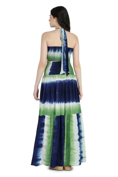 Shop_Shruti Sancheti_Blue Viscose, Crepe Halter Neck Tie-dye Top And Skirt Set _at_Aza_Fashions
