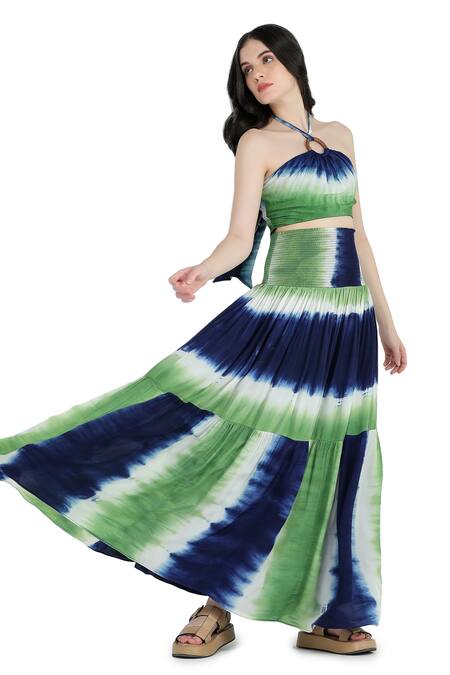Shruti Sancheti_Blue Viscose, Crepe Halter Neck Tie-dye Top And Skirt Set _Online_at_Aza_Fashions