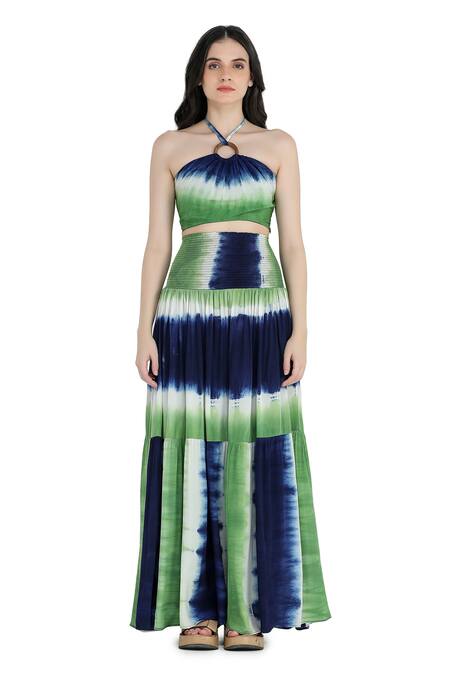 Shop_Shruti Sancheti_Blue Viscose, Crepe Halter Neck Tie-dye Top And Skirt Set _Online_at_Aza_Fashions