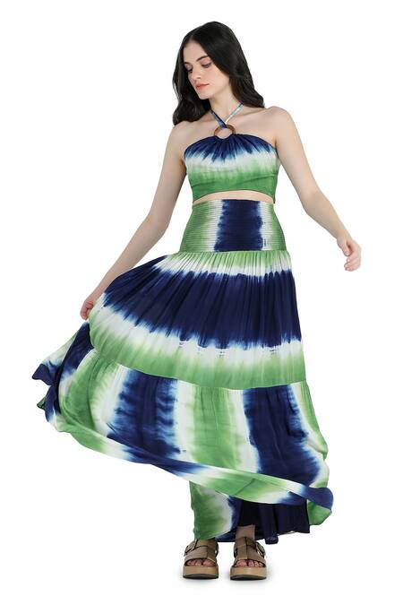 Shruti Sancheti_Blue Viscose, Crepe Halter Neck Tie-dye Top And Skirt Set _at_Aza_Fashions